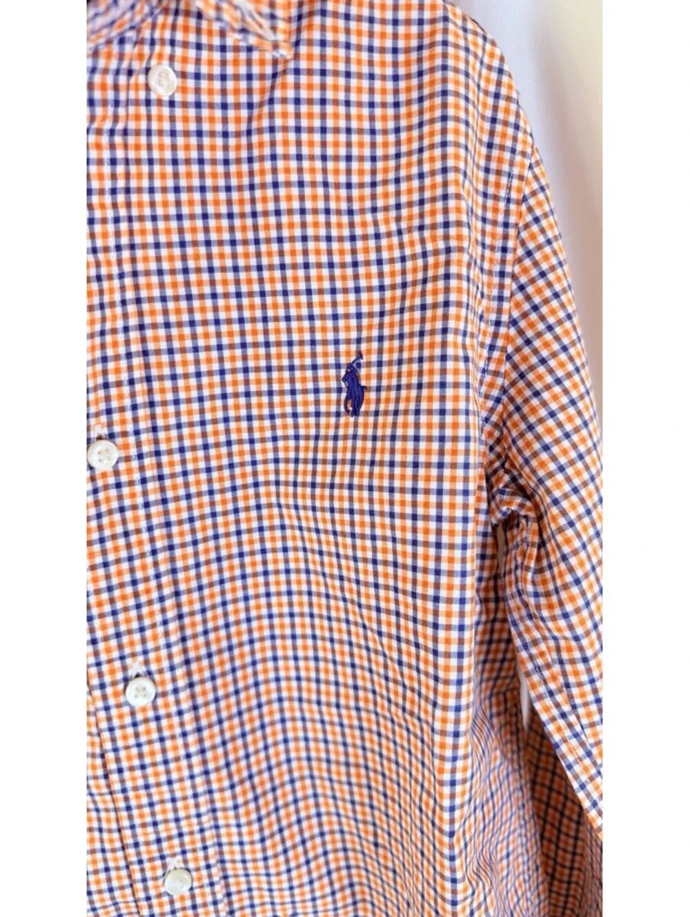 RALPH LAUREN Orange Blue Plaid Cotton Button Down Logo Shirt. Boys 7 Preppy